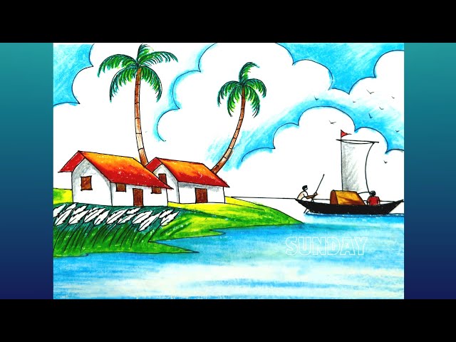 শরৎকাল আঁকা/riverside autumn village scene drawing/boat village scene drawing গ্রামের দৃশ্য