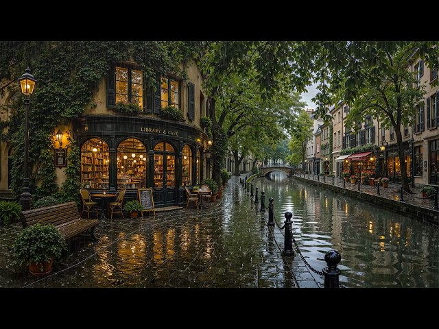 Deep & Gentle Rainy Jazz at a Vintage Canal-Side Library Café 🌧️ Cozy Jazz for Reading, Focus & Work