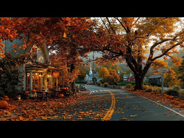 Golden Autumn Morning in a New England Village 🍂 Warm & Deep Jazz at a Cozy Café for Peaceful Living