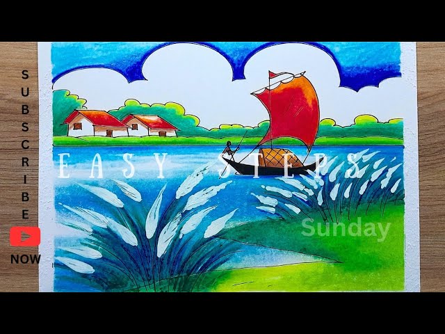শরৎকালের দৃশ্য ড্রয়িং/How to make autumn season drawing oil pastel /River scenery with boat drawing
