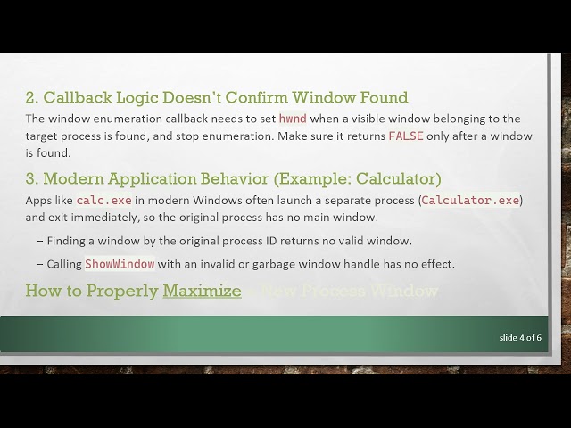 Why ShowWindow() May Fail to Maximize a Window and How to Correctly Find the Main Window