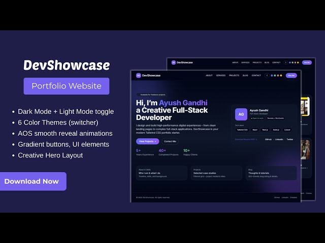 DevShowcase – Premium Multi-Page Tailwind CSS Portfolio Template | Developer Portfolio Website