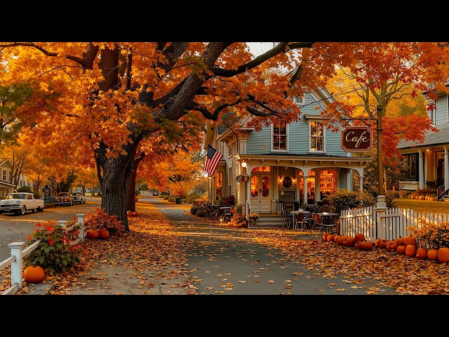 Peaceful Autumn Morning on a New England Café Street 🍁 Warm Jazz with Pumpkins for Soothe Your Mind☕