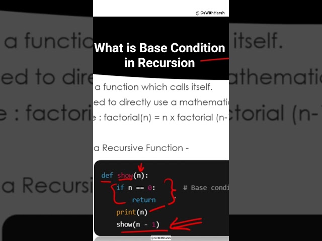 What is a Base Condition in Recursion ? #recursion #dsa #cswithharsh #shorts #btech Computer Science