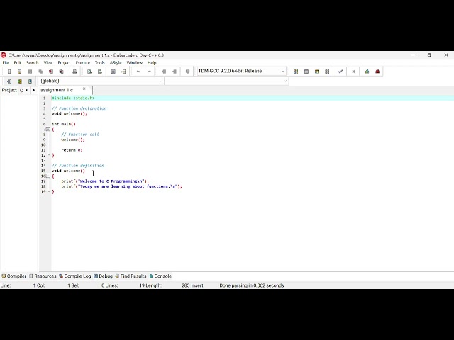 C PROJECT: Welcome function