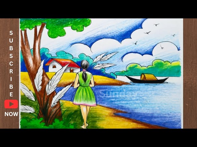 Riverside autumn village scene with beautiful girl drawing/Autumn season drawing/শরৎকালের দৃশ্য আঁকা