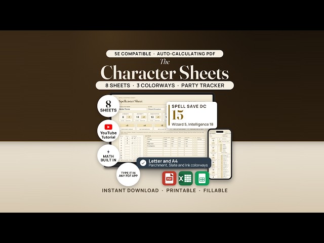 Character Sheet Bundle for 5e: Full Walkthrough (Auto-Calculating Fillable PDFs, Party Tracker)