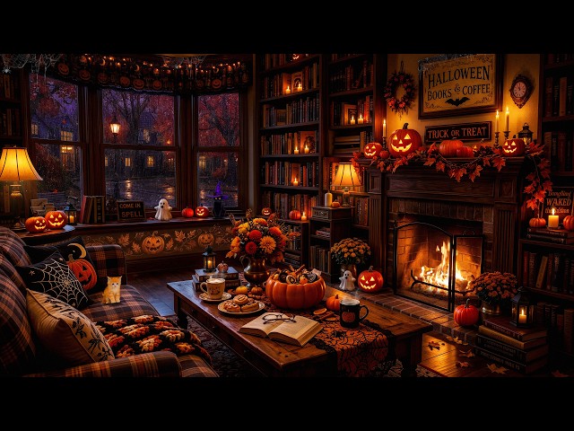 Rainy Fall Halloween Reading Nook by the Window Village 📚🎃 Fireplace Glow & Halloween Jazz for Sleep