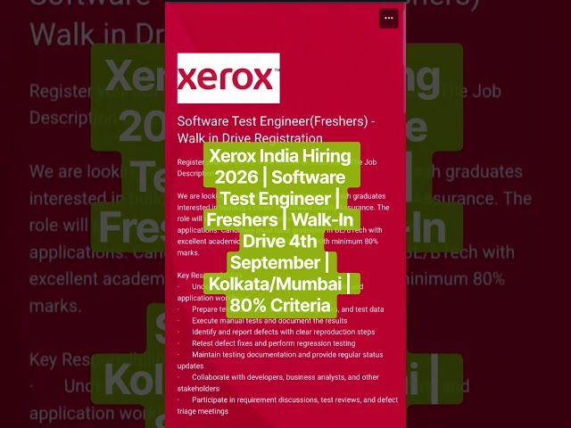 Xerox India Hiring |Software Test Engineer | Freshers | Walk-In Drive 4th September | Kolkata/Mumbai