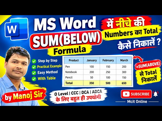 MS Word में नीचे की Numbers का Total कैसे निकालें? | SUM(BELOW) Formula in Hindi