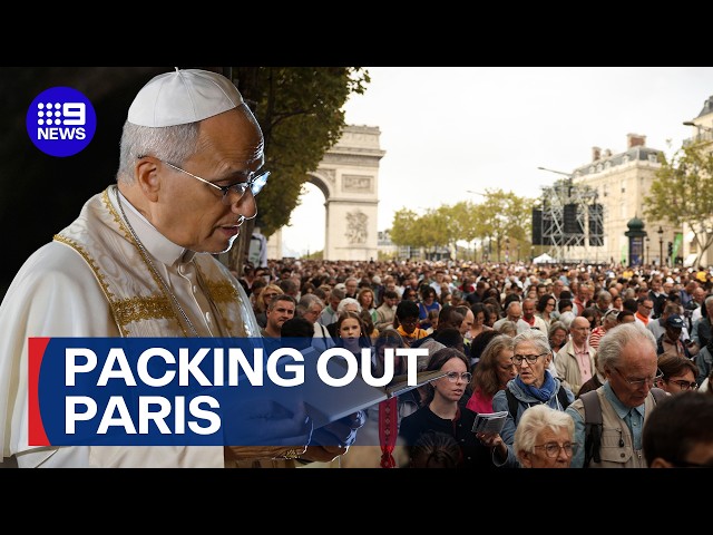 Streets of Paris flooded with worshippers welcoming Pope Leo | 9 News Australia