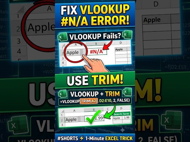 VLOOKUP + TRIM Trick in Excel #shorts #excel #vlookup #exceltips #trim #Vlookup #Vlookup+trim