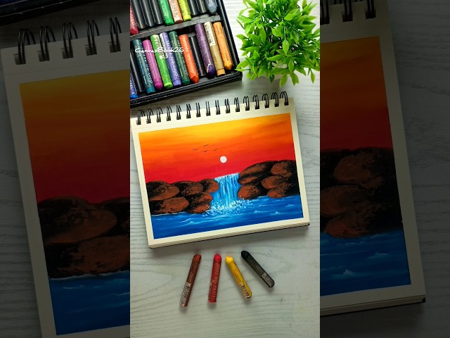 Easy Waterfall Sunset Scenery 🌅💦 | Oil Pastel Drawing #Shorts