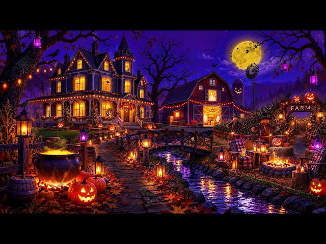 Wandering Into a Moonlit Halloween Farmhouse🎃Warm Fall Jazz, Pumpkin Glow & Crackling Fire for Sleep