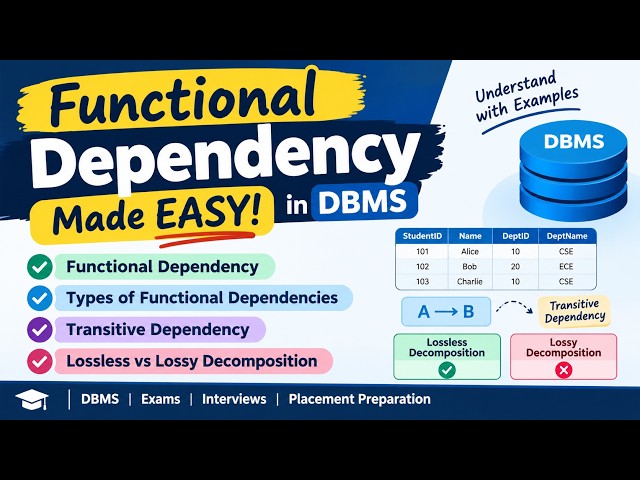 L15 Functional Dependency Made EASY! Types, Transitive Dependency & Lossless Decomposition in DBMS