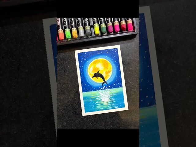 Beautiful Dolphin Jumping Under Full Moon🌙🐬 l Oil Pastel Drawing #shorts #painting #art