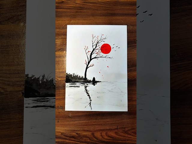 “Red Moon Serenity 🌙 | Easy Tree & Landscape Art Tutorial #shorts