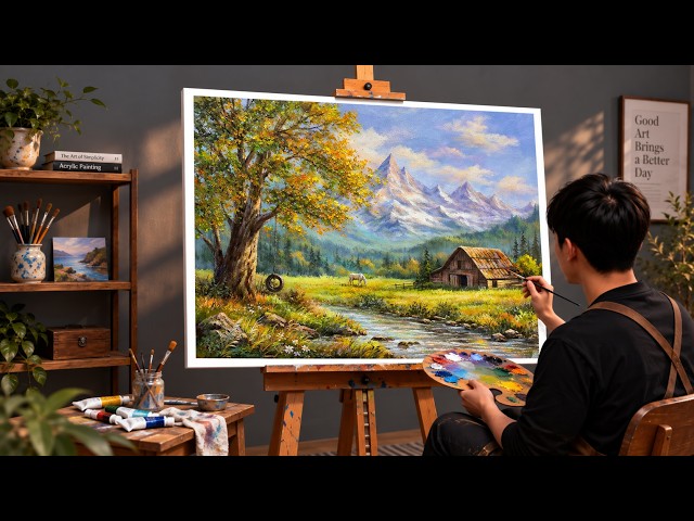 3 HOURS Acrylic Painting Full Step by Step – Beautiful Autumn Mountain Landscape