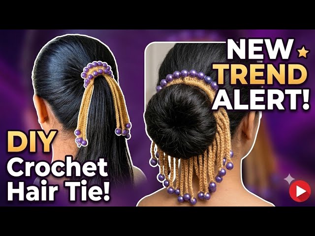 Pearl Crochet Hair Tie! 💜 #crochetbun | ​Crochet #PearlScrunchie #crochetscrunchie 
