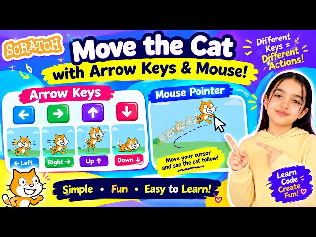 How to Move the Scratch Cat with Arrow Keys & Mouse Pointer | Scratch for Kids