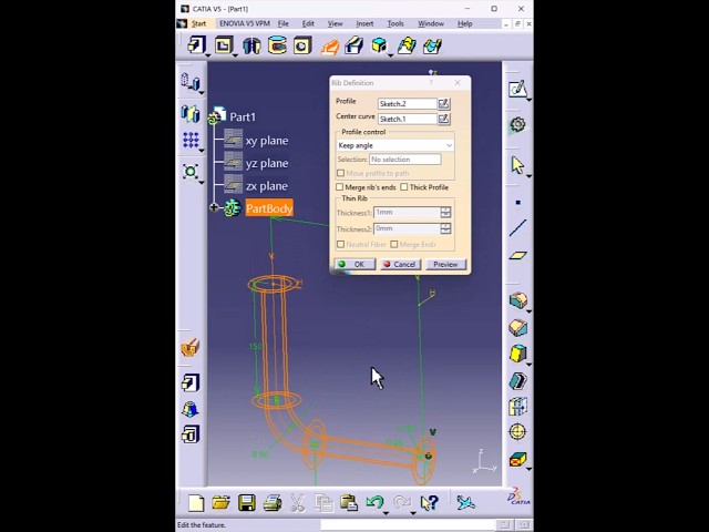 Rib (Sweep) in CATIA V5 | Sweep Solid Feature #shorts