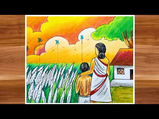 শরৎকালের দৃশ্য ড্রয়িং/Autumn Sunset village scene with girl drawing/Autumn scenery drawing