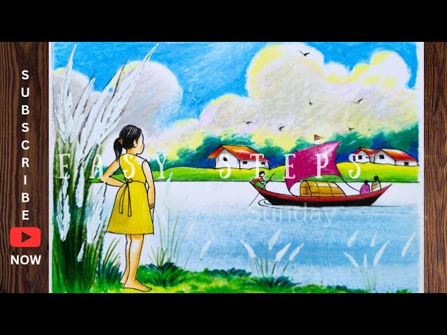 Riverside autumn village scene with beautiful girl drawing/Autumn season drawing/শরৎকালের দৃশ্য আঁকা