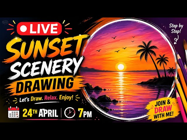 LIVE Sunset Scenery Drawing 🌅 | Easy Step-by-Step Art |