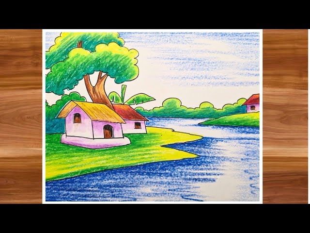 oil pastel drawing/easy oil pastel village scenery drawing for beginners