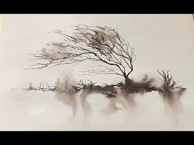 Really Easy Beginner's 5 MINUTE Winter Trees Experiment! Watercolor ink landscape panting Tutorial