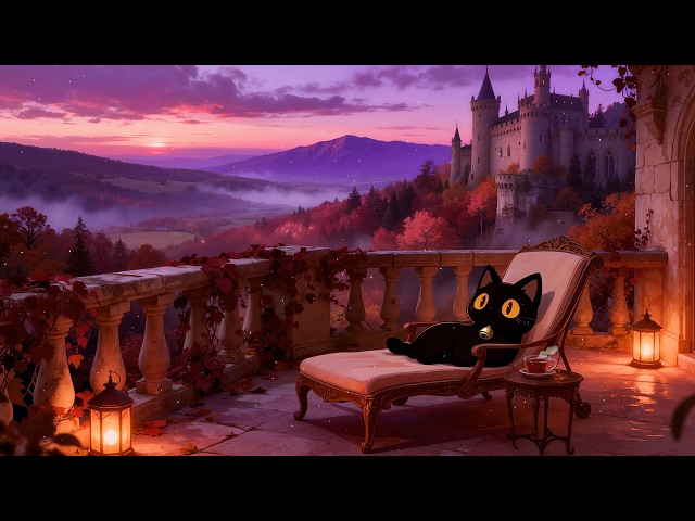 Dreamy Castle Balcony 🌙 Lofi Cat | Deep Sleep Music [Autumn Valley & Warm Lantern Glow]