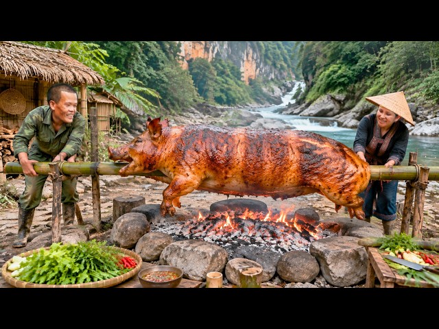 Primitive Wild Cooking: Dwarf Family Builds an Oven and Grills a Whole Pig