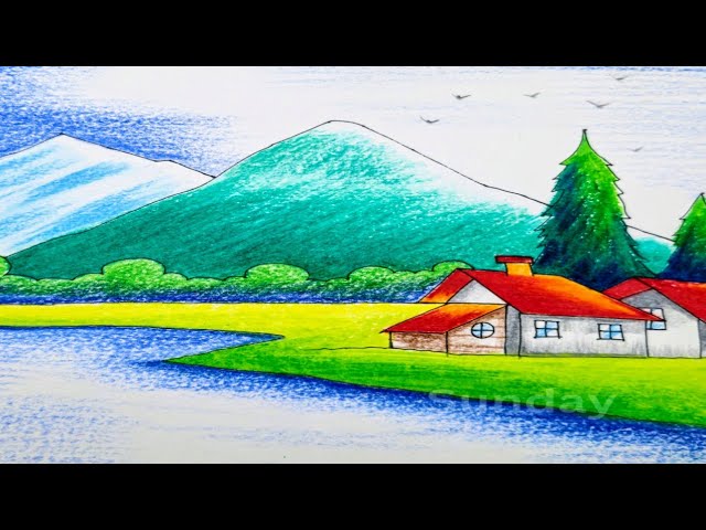 Hillside village scene drawing/Mountain village scene drawing/How to draw a mountain river scenery