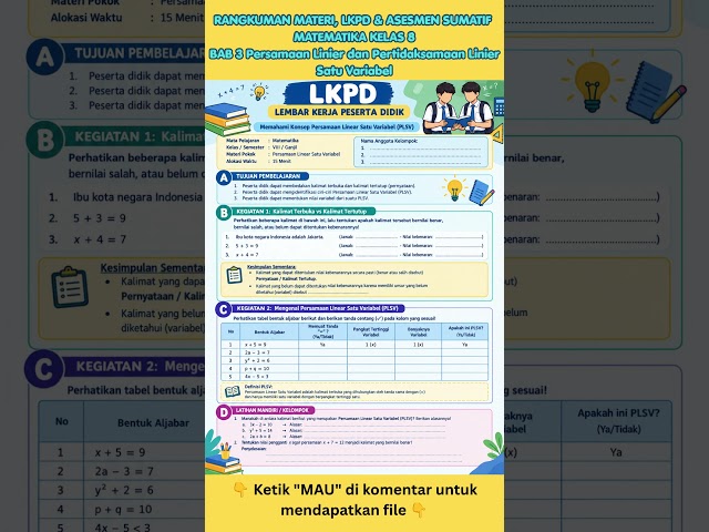 Rangkuman Materi, LKPD & Asesmen Sumatif Kelas 8 MATEMATIKA BAB 3 Persamaan Linier dan Pertidaksamaa