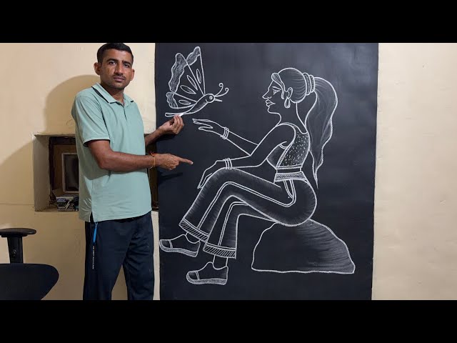 Girl drawing sitting on a stone playing with butterfly || #girldrawing #easyart 