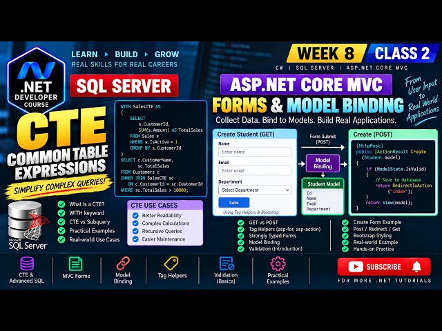 SQL Server CTE + ASP.NET Core MVC Forms & Model Binding | .NET Course – Week 8 Class 2 Promo
