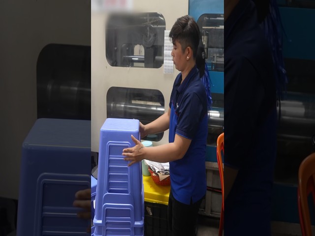 Mass production of PLASTIC chairs. Process of VIETNAM company making ton of little plastic chairs.