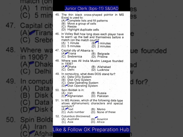 #Junior Clerck Past Paper MCQ S&GAD #gk #viral