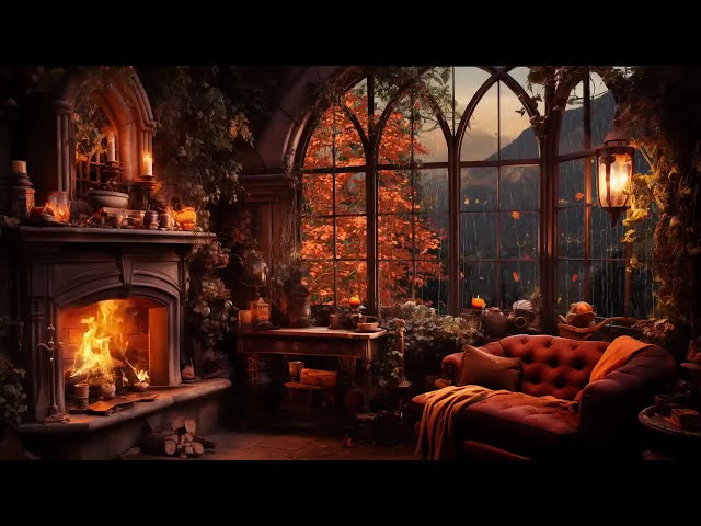 Cozy Autumn Cottage Rain Ambience with Relaxing Piano Music and Fireplace Sounds for Sleeping