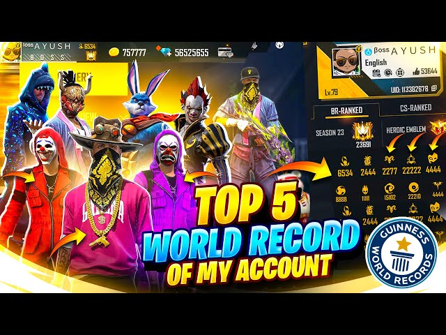Top 5 World Records of My Free Fire Account 😱 Indian Richest free fire Player Collection ||