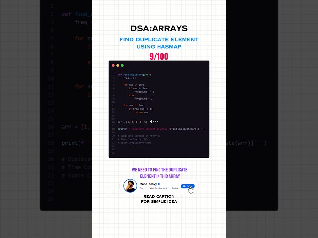 DSA Day 9/100 | Find Duplicate Element in Array | Python HashMap. #dsa #python #coding #placement