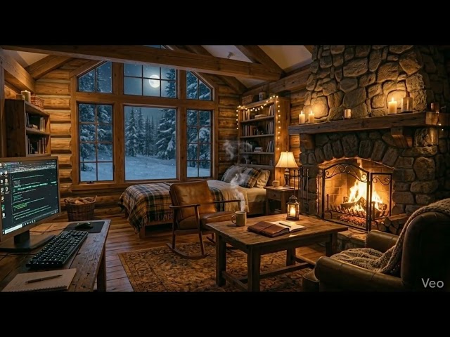 Cozy Cabin Fireplace & Rocking Chair Ambience | Lofi Beats for Stress Relief & Sleep