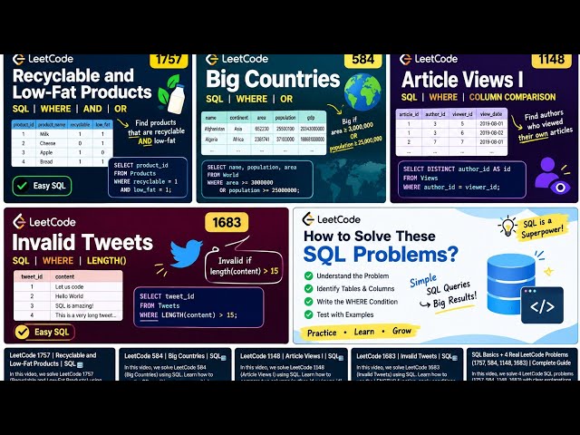 LeetCode SQL for Beginners | 4 Easy Problems Using SELECT & WHERE | 1757, 584, 595, 1148, 1683