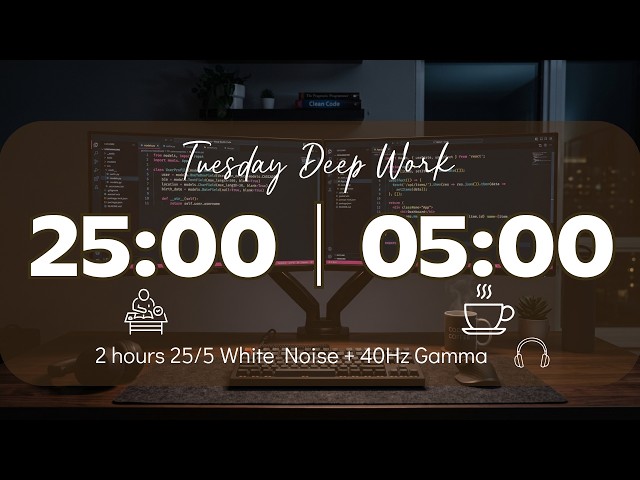 25/5 Pomodoro Timer with White Noise 🎧 2-Hour Study with Me for Deep Focus & ADHD ✨