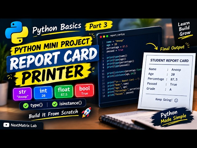 Python Beginner Project 🐍 | Student Report Card Printer | Python Basics Part 3 #pythonprogramming