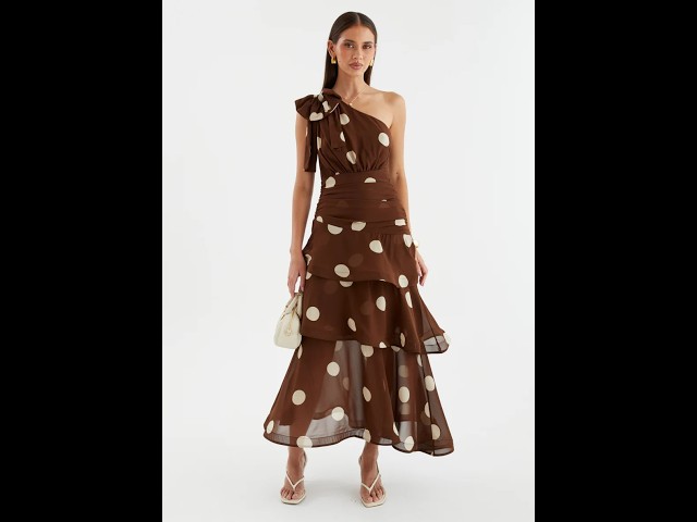 One-Shoulder Lace-Up Backless Large Polka-Dot Four-Tier Ruffle Chiffon Midi Dress — Apricot & Brown