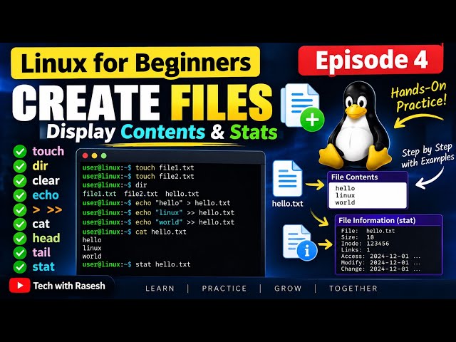 How to Create Files in Linux | touch, cat, head, tail & stat | Episode 4 #linux 