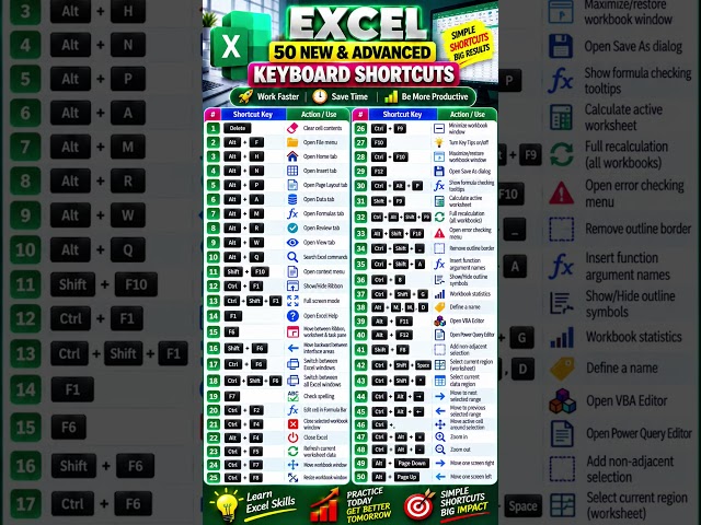 50 Excel Keyboard Shortcuts You Haven’t Learned Yet! ⚡ | Excel Tips & Tricks #shorts