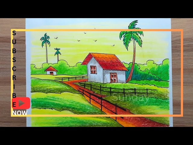 Village scene drawing easy/Village drawing and colour easy oil pastel/গ্রামের দৃশ্য আঁকা ও রং করা