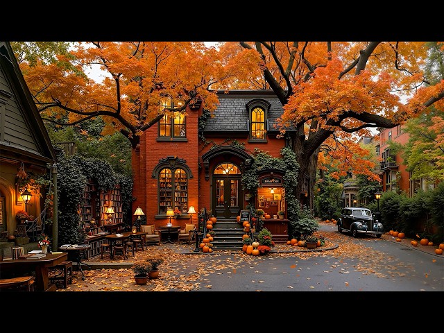 Peaceful Autumn Old Library Café 🍁 Warm Jazz Ambience with Falling Leaves for Reading & Good Mood ☕